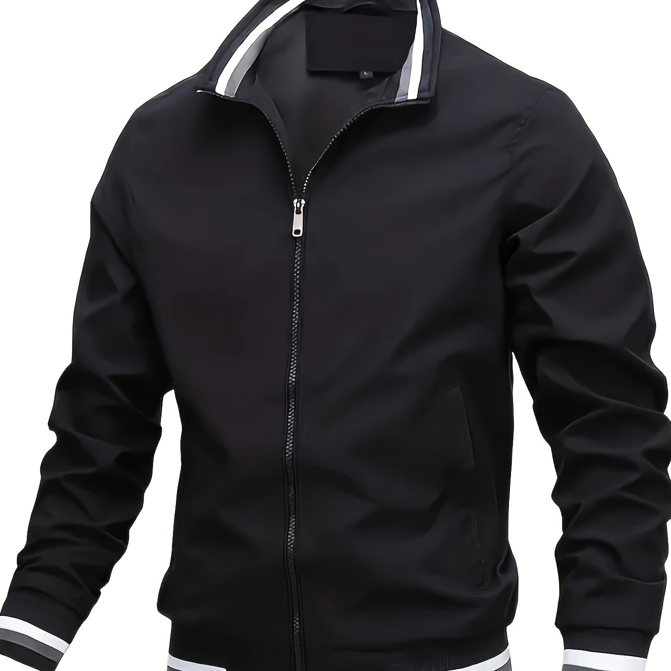 Men's Casual Long Sleeve Zipper Bomber Jacket with Pockets for outdoor activities and daily wear.