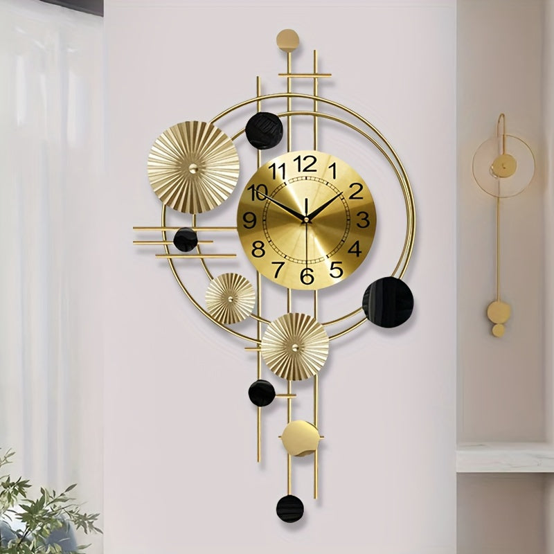 Contemporary Nordic-style wall clock with geometric design, large numbers, and digital display. Battery-powered and perfect for home decor. Iron construction.