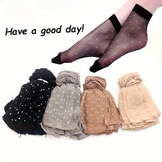 10 pairs of transparent, thin socks with skin color dot design, ideal for summer and short ankle styles.