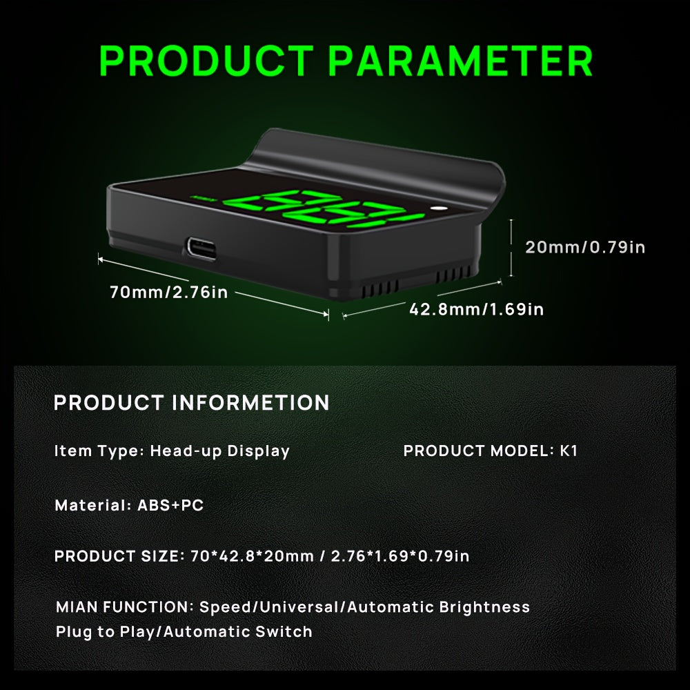 KWHUD K1 Car Head-Up Display: Plug & Play Speedometer with Auto Brightness, USB Powered, Fits All Models