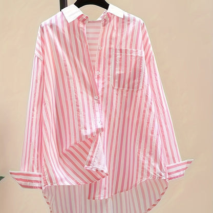 Women's Striped Button-Up Shirt: 100% Polyester, Long Sleeve, Lapel Collar, Casual Vacation Style, Sun Protection - Spring/Summer/Fall Collection