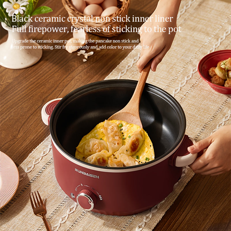 Electric cooking pot with a large capacity for home or car use, featuring a multi-functional design that combines a cooking pot, stir-fry pot, and steamer. Perfect for dormitories, this non-stick integrated pot can be used for various cooking needs.