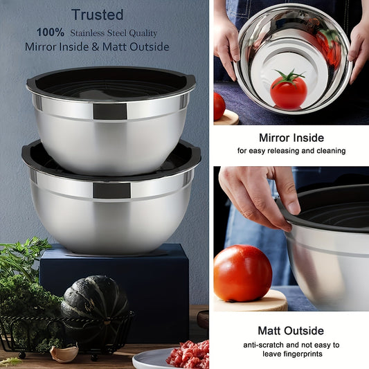 5pcs Stainless Steel Nesting Bowls Set - Versatile kitchen mixing bowls with airtight lids, perfect for baking, serving, fruits, vegetables, and holiday kitchen prep. Oven safe and ideal for Christmas, Halloween, Easter, Hanukkah, and Thanksgiving.