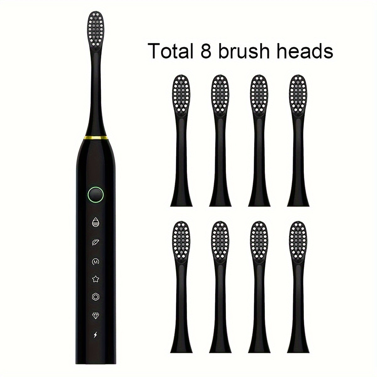 Rechargeable USB electric toothbrush with 6-speed vibration and 28000 VPM power, includes 4 or 8 special soft brush heads for adults.