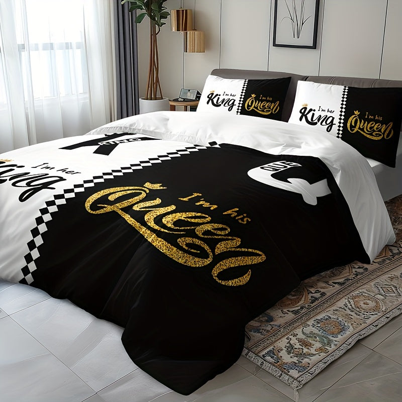 Black and grey duvet cover set featuring crown lettering design, including 1 duvet cover and 2 pillowcases. High definition printing for home and dorm decor, comforter not included.