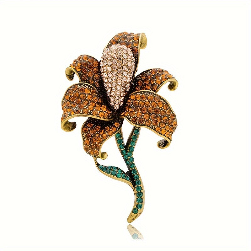 This elegant and fashionable Vintage Lily Flower Rhinestone Brooch is a luxurious piece of flower jewelry that complements any outfit. Versatile and neutral, it pairs well with different clothing styles and is perfect for weddings and formal occasions.