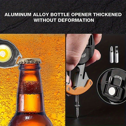 Mini keychain torch with strong light, rechargeable, includes cigarette lighter and screwdriver. Magnetic adsorption, perfect for outdoor activities like camping, fishing, and night