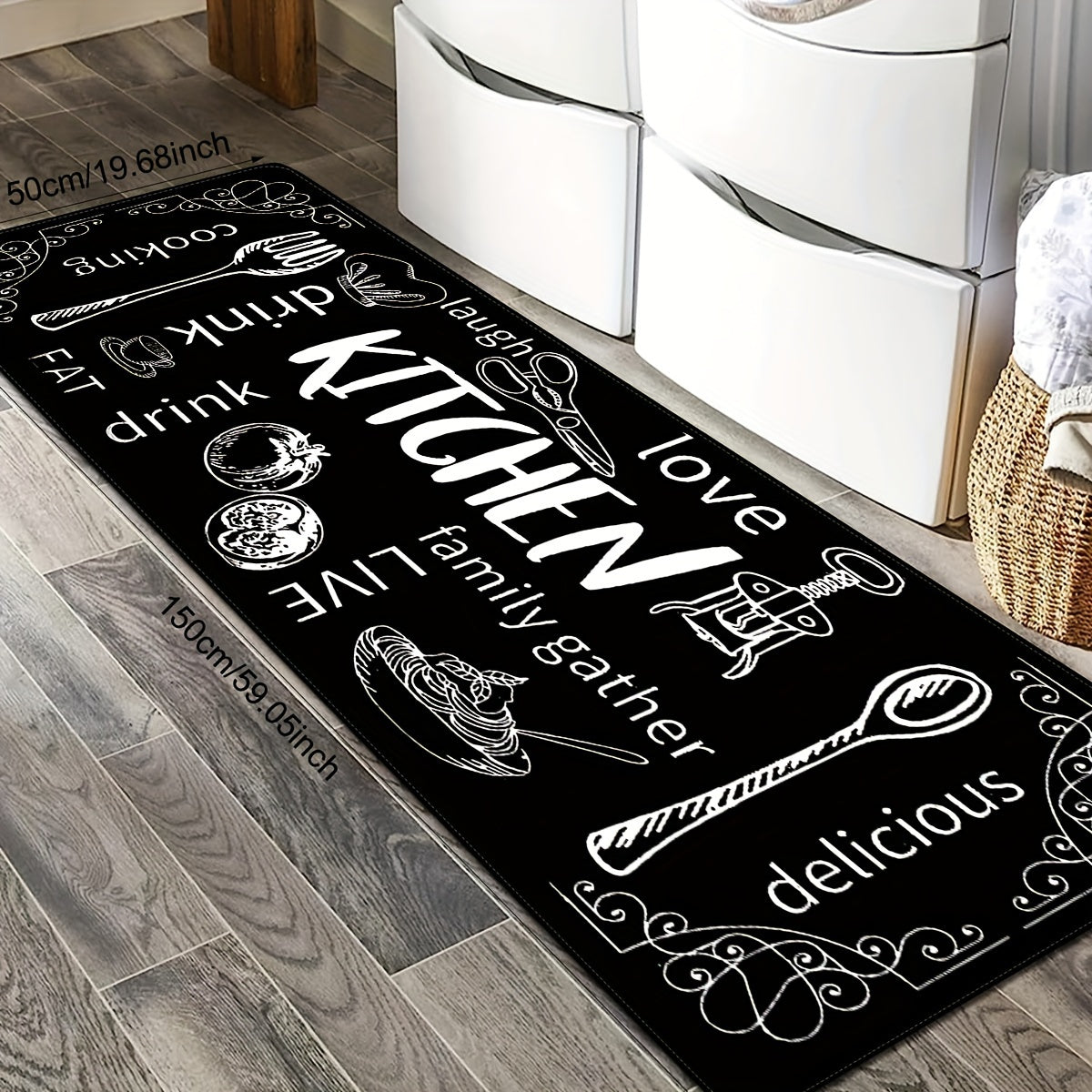 1pc Chic Black Kitchen Floor Mat featuring Cooking & Dining Themes, Non-Slip, Washable Polyester with Utensil Illustrations. Great for Doorways, Laundry Rooms, Bathrooms, and adds a Personal Touch to Home Decor.