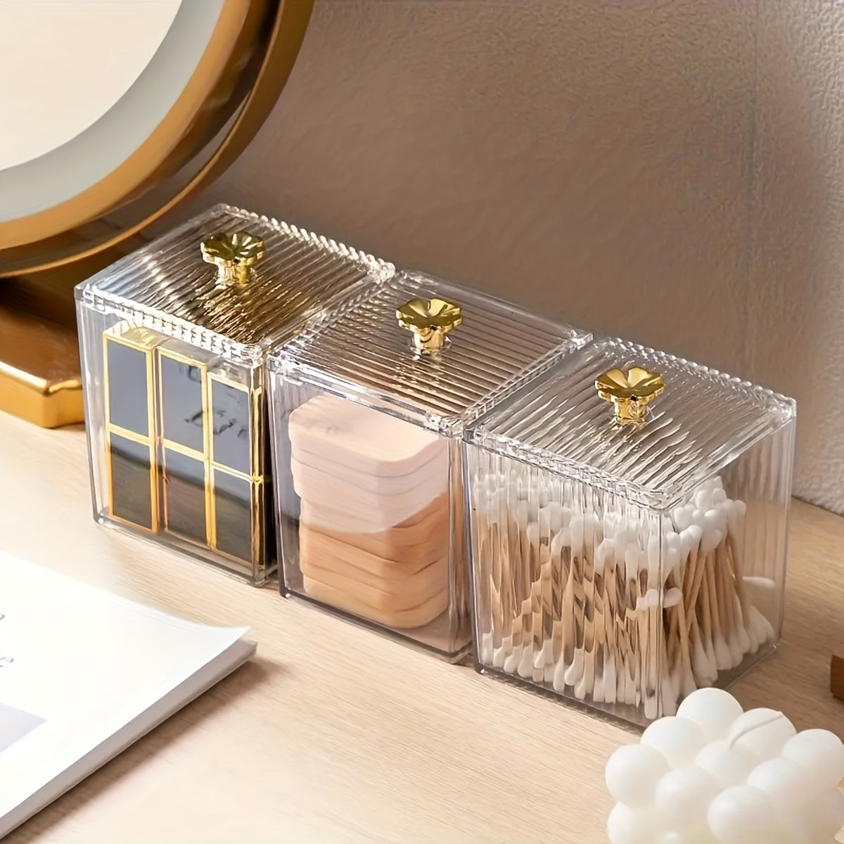 Clear makeup organizer for storage of beauty essentials, perfect for desk, dresser or office use.