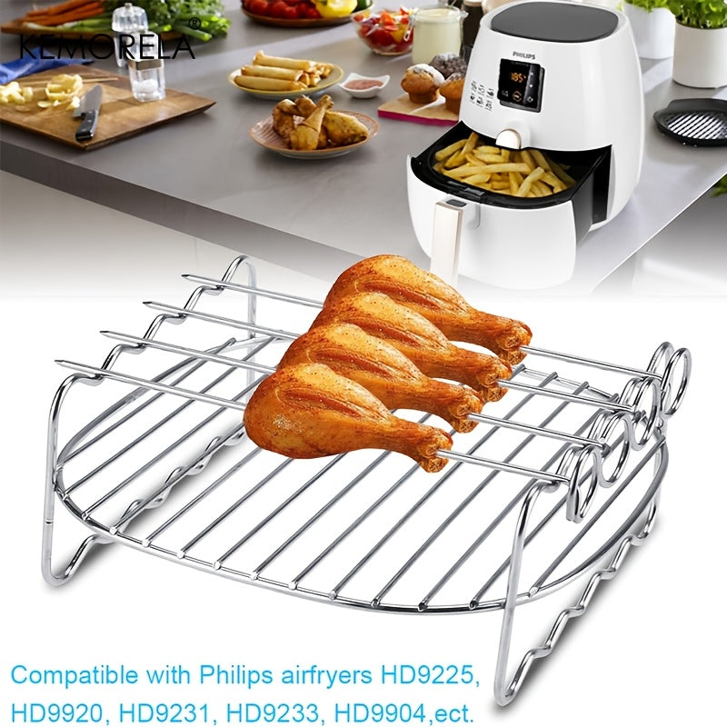 The KEMORELA Air Fryer Rack is a versatile set of 6 accessories designed for use in air fryer ovens. This double-layer rack includes skewers, a baking tray, a replacement BBQ rack, and a bacon fries chicken vegetables baking rack. Compatible with popular