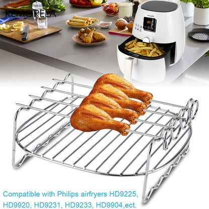 The KEMORELA Air Fryer Rack is a versatile set of 6 accessories designed for use in air fryer ovens. This double-layer rack includes skewers, a baking tray, a replacement BBQ rack, and a bacon fries chicken vegetables baking rack. Compatible with popular