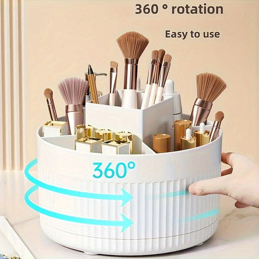 360° Rotating Cosmetic Organizer - Multi-functional makeup storage box for skincare and beauty supplies, with multiple compartments and a pen holder.