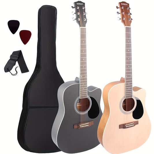 41-inch all mahogany black folk guitar with matte finish, enclosed tuners, tech wood fingerboard, rosewood bridge, black pickguard, includes black gig bag, picks, strap. Eid Al-Adha Mubarak.