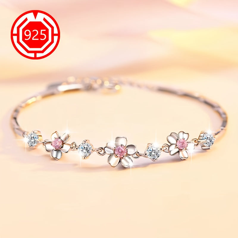 925 Sterling Silver Cherry Blossom Bracelet with 18K Gold Plating, Hypoallergenic and Elegant Floral Design - Ideal Gift for Girlfriend, Best Friend, Wedding, or Holidays. Lightweight at 4g, comes with Gift Box for All Seasons.