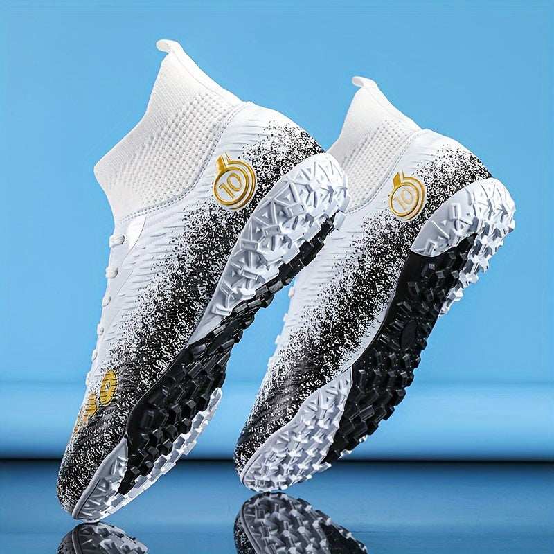 Men's high top turf football boots, outdoor anti-skid, breathable lace-up TF soccer cleats.