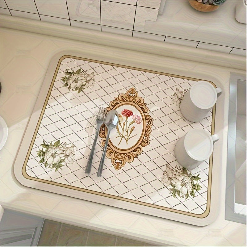 Floral Diatomite Dish Drying Mat - 1 Piece, Machine Washable, Fast-Drying Kitchen Countertop Pad for Dishes & Utensils with Pattern Design, Essential Kitchen Supplies