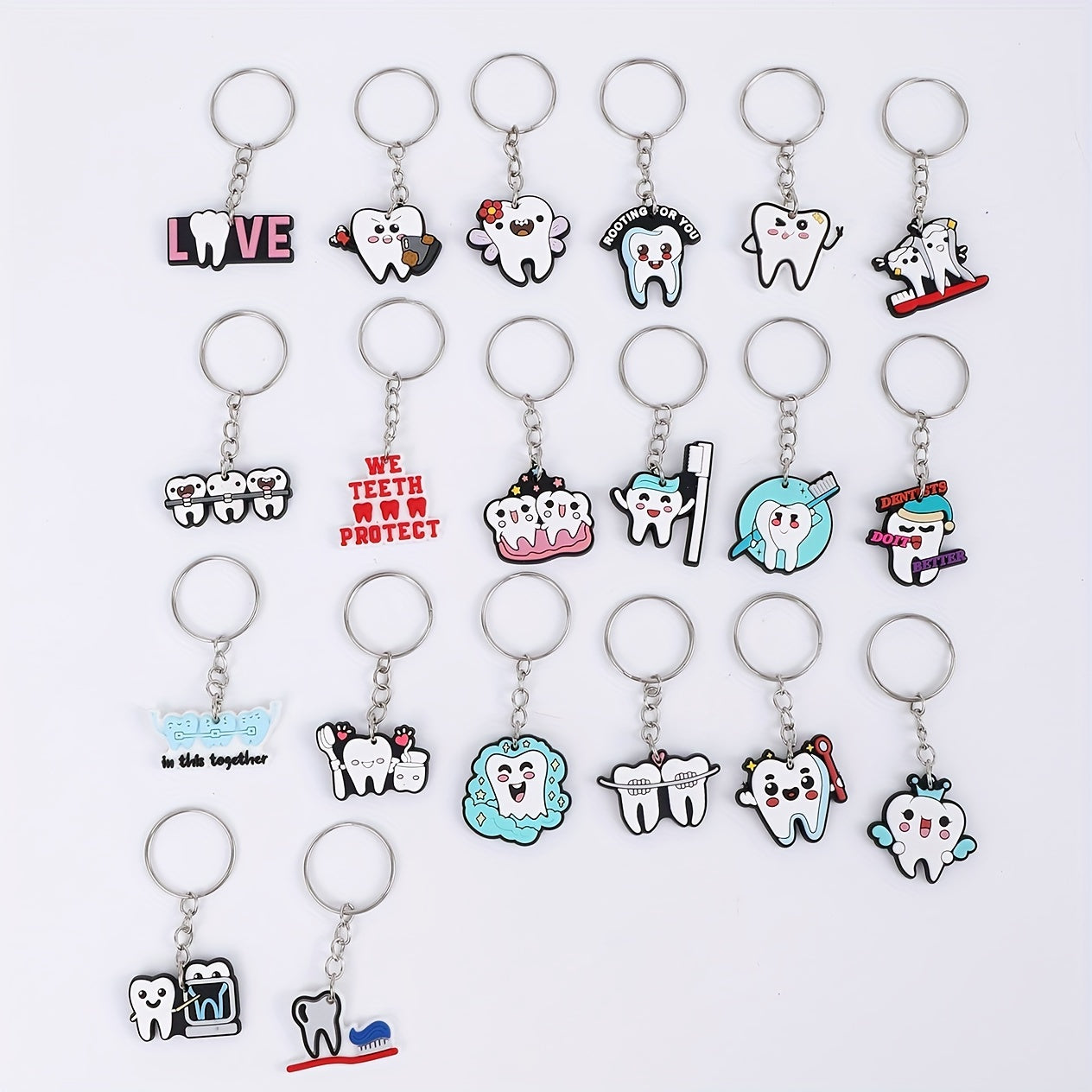 Set of 20 PVC Keychains featuring Adorable Cartoon Teeth and Dental Tools, Anime-Inspired Key Rings with Toothbrush, Toothpaste, and Dentist Charms - Perfect for Birthday Party Favors and Decorative Car Keys - Various Designs Included