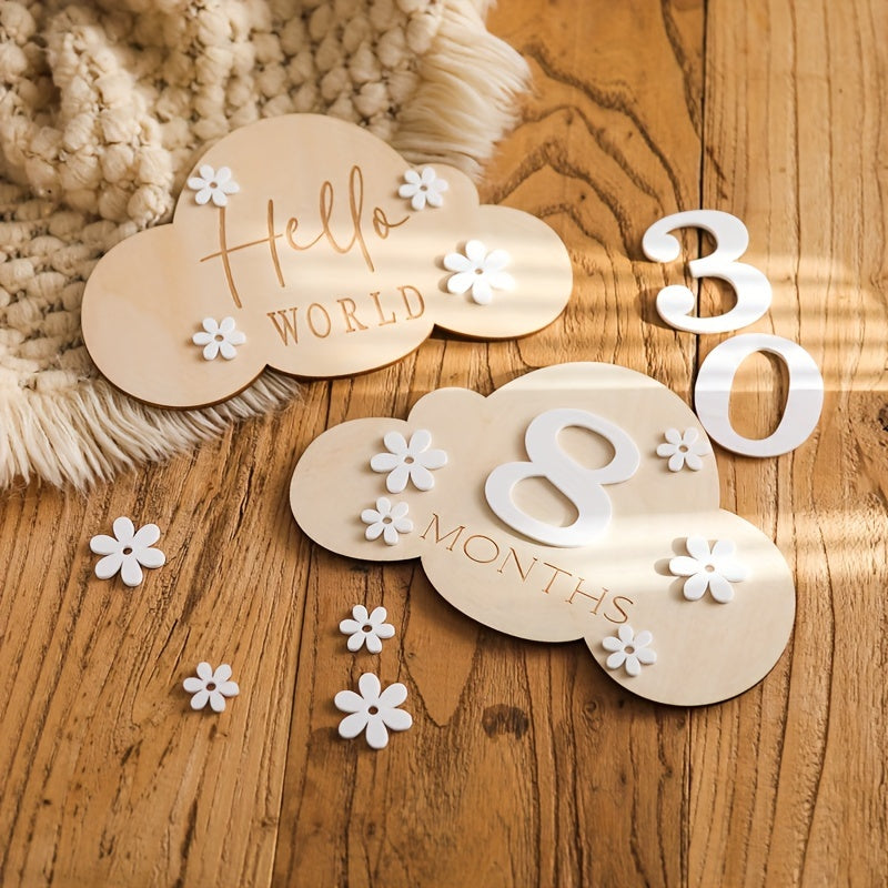 Set of Wooden Milestone Blocks - Perfect for Capturing Birth Month Photos, Cloud-Shaped Mileage Blocks for Decorating with Balloons & Celebrations, Lovely Keepsake for Memories, Ideal Baby Shower Gift