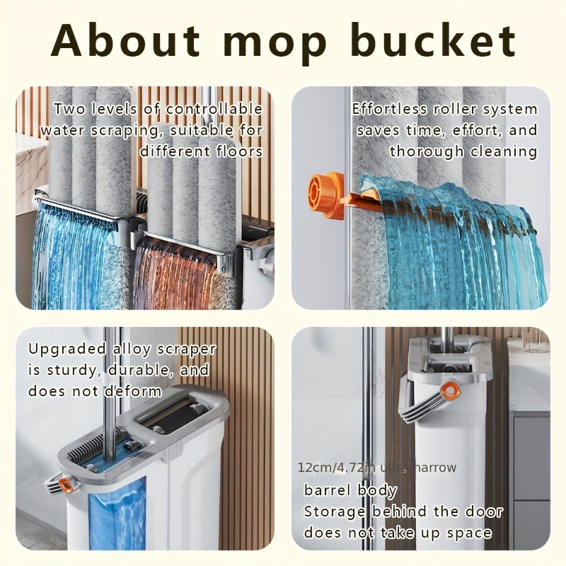 Two-in-One Stainless Steel Dual-Action Flat Mop and Bucket Set with Hands-Free Washing System - Suitable for Wet and Dry Use on Multiple Surfaces in the Living Room, Bedroom, Bathroom, and Kitchen - Made of Durable Plastic, No Electricity Required