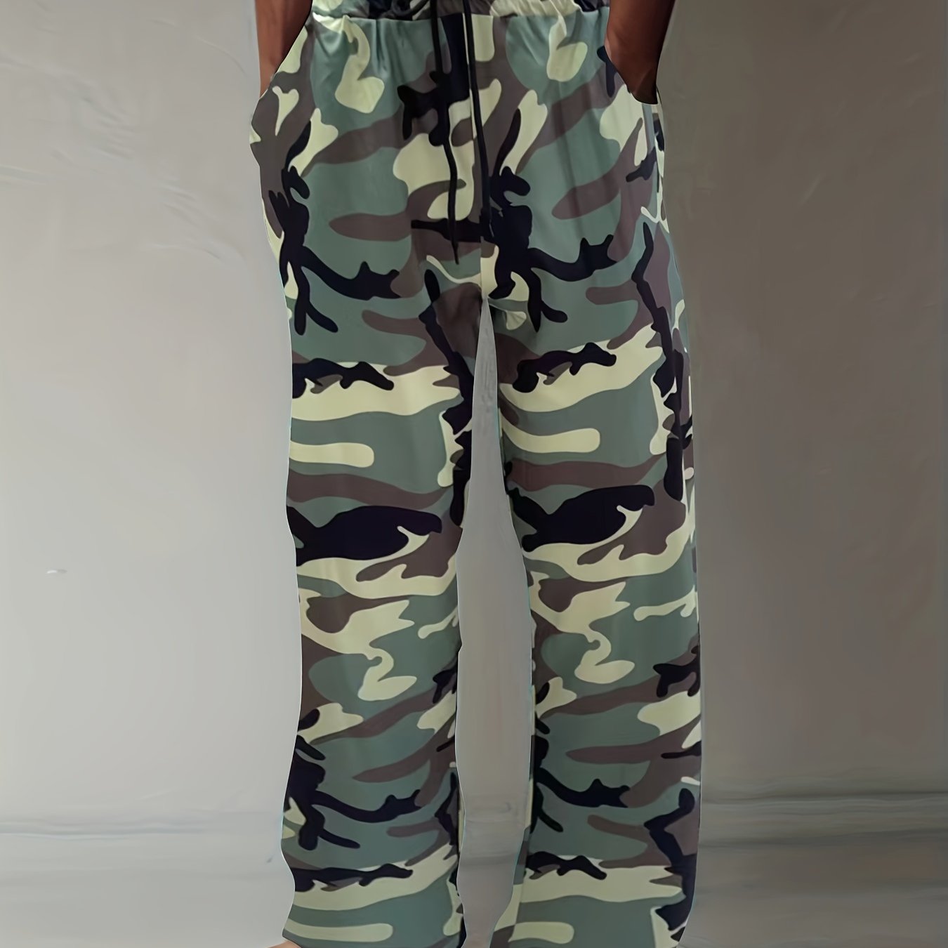 Plus Size Men's loose-fit athletic pants in camo print, made of machine washable polyester fabric.