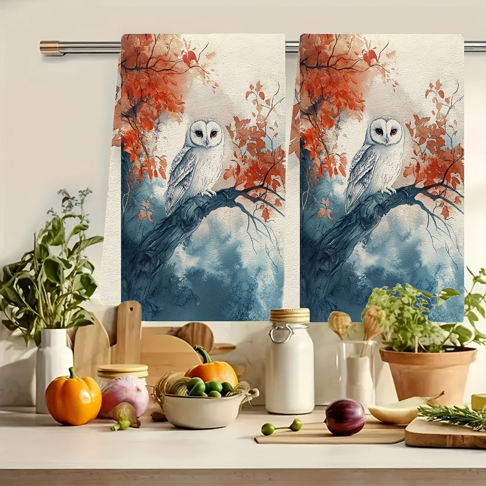 Two ultra soft kitchen towels featuring a serene owl and autumn scenery design. These highly absorbent and machine washable dish hand towels measure 40.64x60.96 cm. Perfect for holiday decor and daily use in the kitchen.