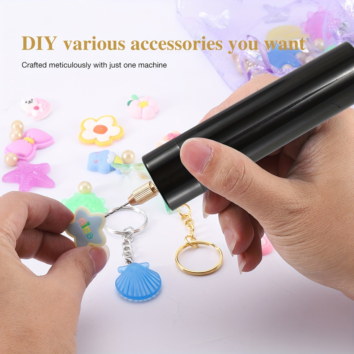 DIY Jewelry Hole Punch Kit with USB Electric Drill, Golden-Tipped Bits for Pearl & Crystal Crafts, Includes 3D Pendant Tool.