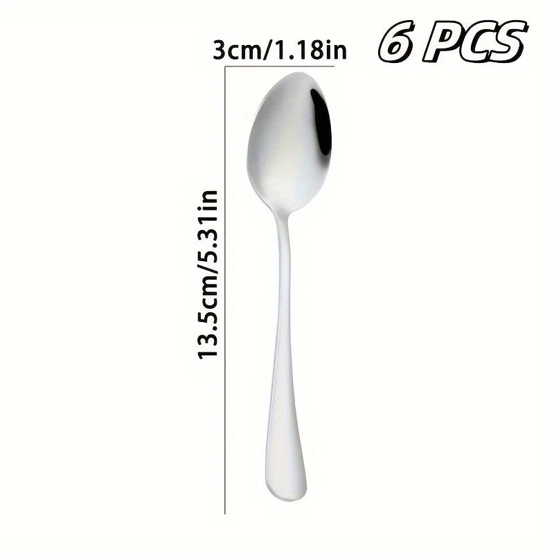 Set of 6 stainless steel spoons in various sizes for serving soup, coffee, and dinner in the kitchen and dining room.