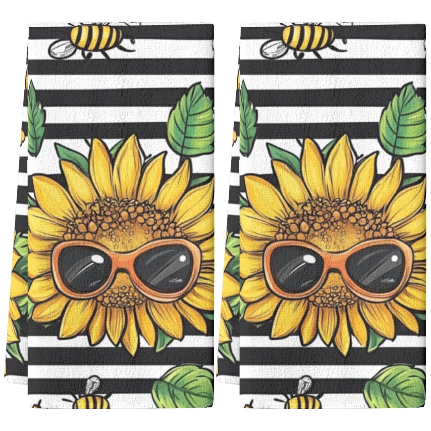 Two pieces of contemporary dish cloths featuring a sunflower pattern, made of woven polyester material. These oblong kitchen towels are designed with a floral theme and are suitable for hand wash only. Ideal for use in the kitchen.