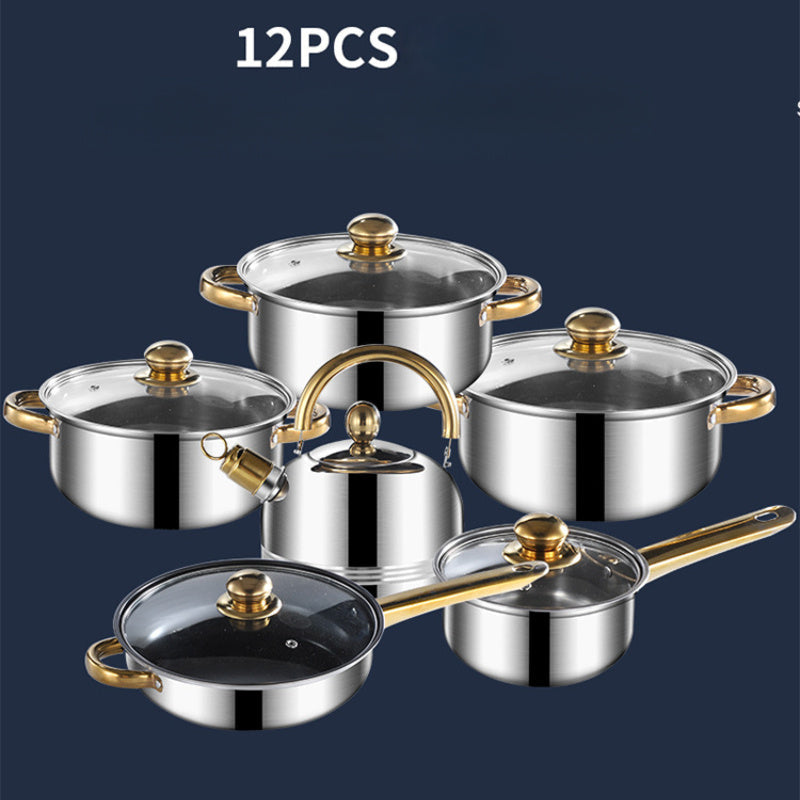 Stainless Steel Cookware Set with 12 Pieces, featuring Golden Handles, Removable Lids, and Interchangeable Pots and Pans for Use on All Stove Types