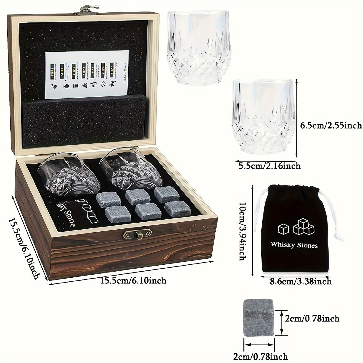 Engraved Glasses Whiskey Stones Gift Set - Includes Reusable Granite Ice Cubes, Wooden Storage Box, Drawstring Bag - Perfect for Father's Day, Anniversaries, Birthdays and Whiskey Lovers