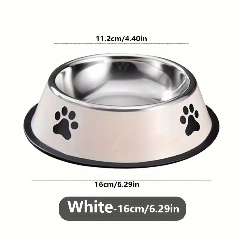 High-quality stainless steel pet bowl with non-slip base, easy to clean, ideal for dog and cat food or water, offered in three sizes.