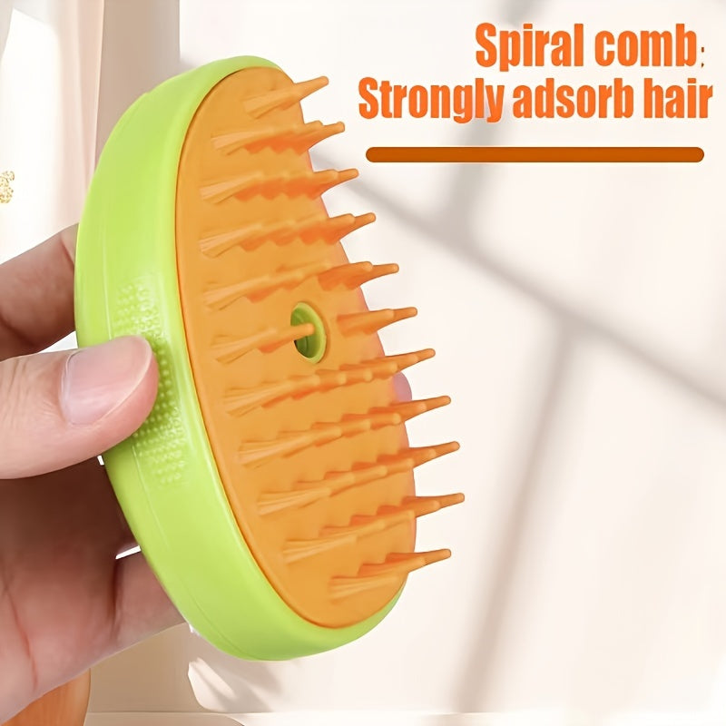 USB charging pet grooming brush made of plastic material with a spiral comb for strong hair adhesion, providing 3-in-1 function for unhairing, cleaning, and massaging - ideal for cats and