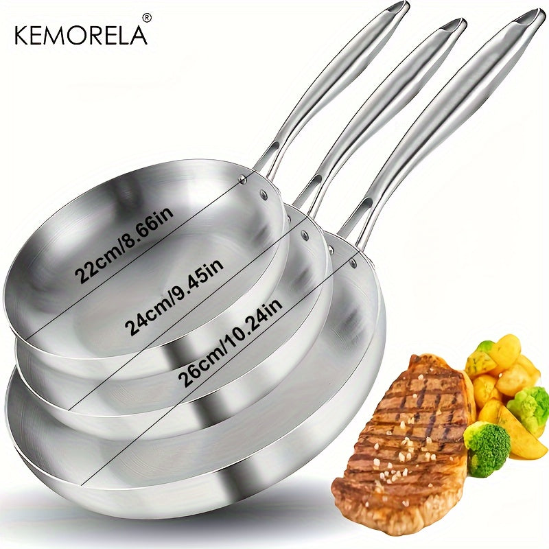 Set of 3 KEMORELA Stainless Steel Frying Pans - Suitable for Gas Stoves & Induction Cookers, Food Grade Omelette Pans with Multifunctional Features. Perfect Kitchen Utensils and Accessories, Gadgets for the Home Kitchen. Shipping By Sea.