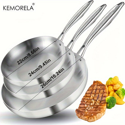 Set of 3 KEMORELA Stainless Steel Frying Pans - Suitable for Gas Stoves & Induction Cookers, Food Grade Omelette Pans with Multifunctional Features. Perfect Kitchen Utensils and Accessories, Gadgets for the Home Kitchen. Shipping By Sea.