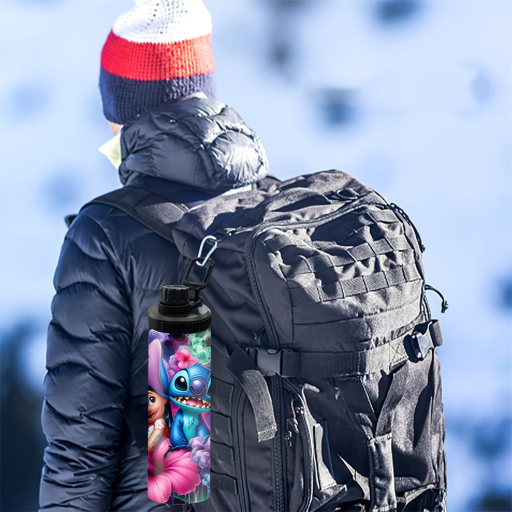 20oz stainless steel water bottle with Stitch and Lilo design, lockable lid, BPS-free, ideal for hot & cold beverages, perfect for outdoor travel, reusable & durable - great Christmas and birthday gift option.