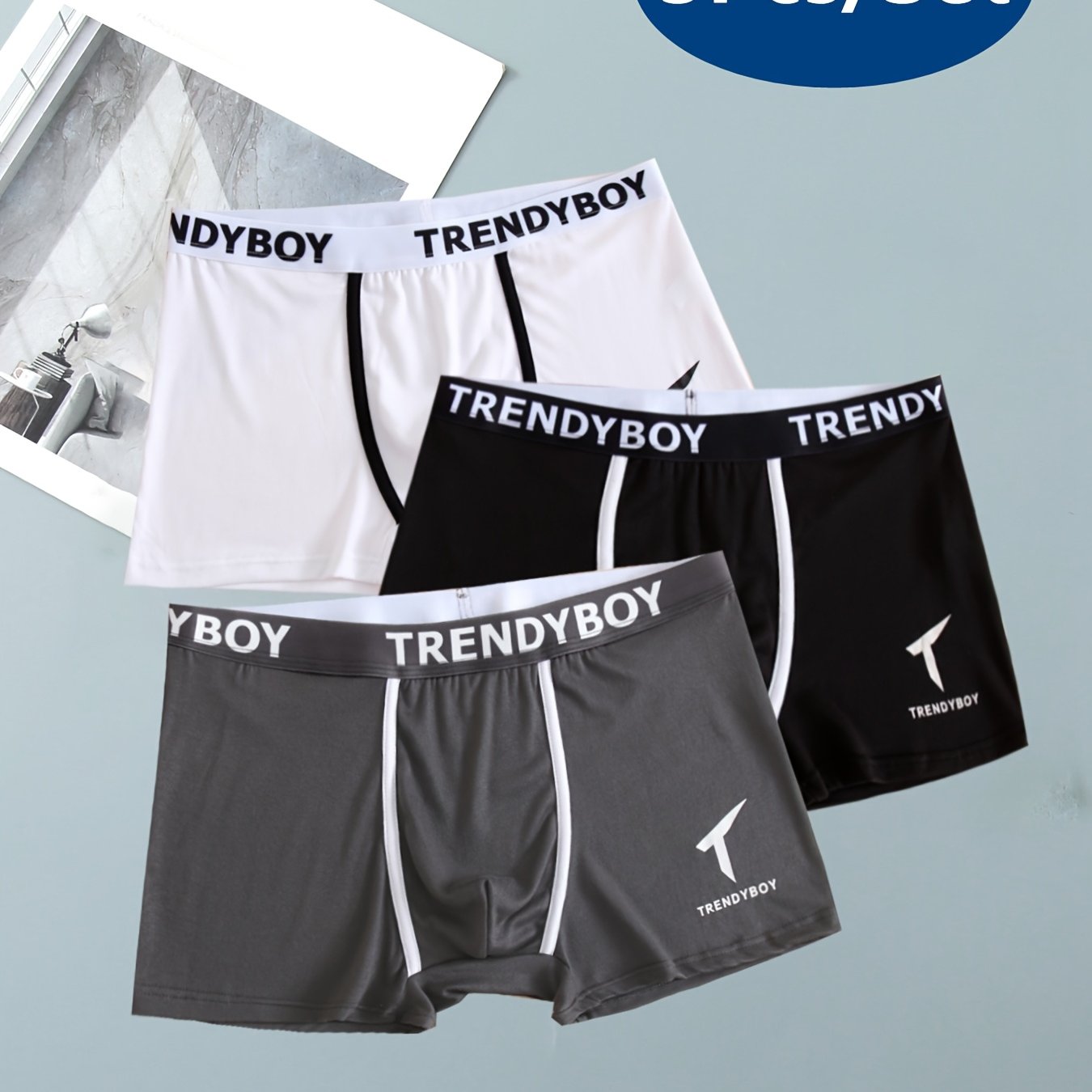 3 Men's Cotton Boxer Briefs with Solid Color and Fashion Letter Print