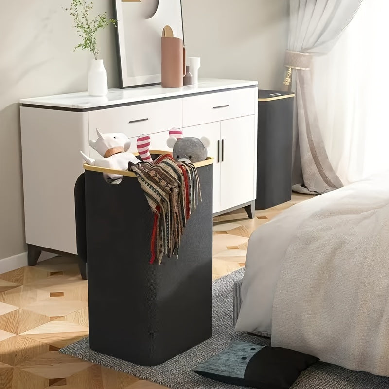 One large laundry basket with lid, able to hold up to 100L of laundry. This tall organizer basket is perfect for dirty clothes and can be easily folded when not in use. It includes handles for easy carrying, a waterproof removable bag, and is collapsible