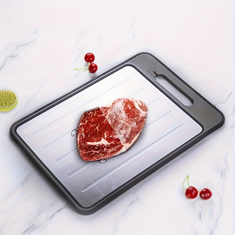 Double-Sided Defrosting Board with Aluminum and Plastic Construction, Includes Garlic Grinder and Knife Sharpener - Ideal for Thawing Frozen Meat