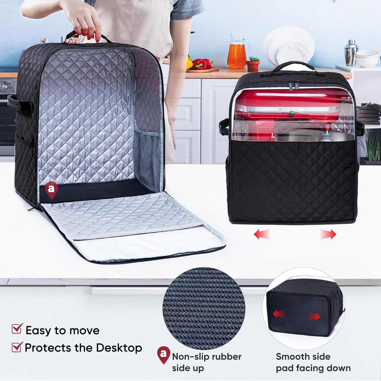 Elegant kitchen appliance brand Stand Mixer Dust Cover featuring a sleek design and slider base. Made with quilted nylon material, this storage bag is suitable for 4.5/5/6/8 Quart models. Includes pockets for accessories, appliance sliders, and