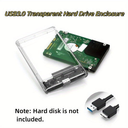 Transparent USB 3.0 external hard drive enclosure with cable, SATA to USB 3.0 UASP, 5Gbps transfer speed, tool-free installation, portable HDD case for PC & laptop, clear mobile storage