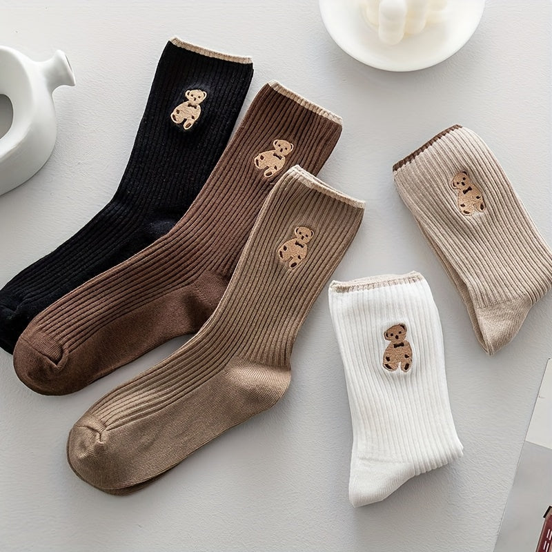 5 pairs of bear patterned mid tube socks for women, cute and breathable.