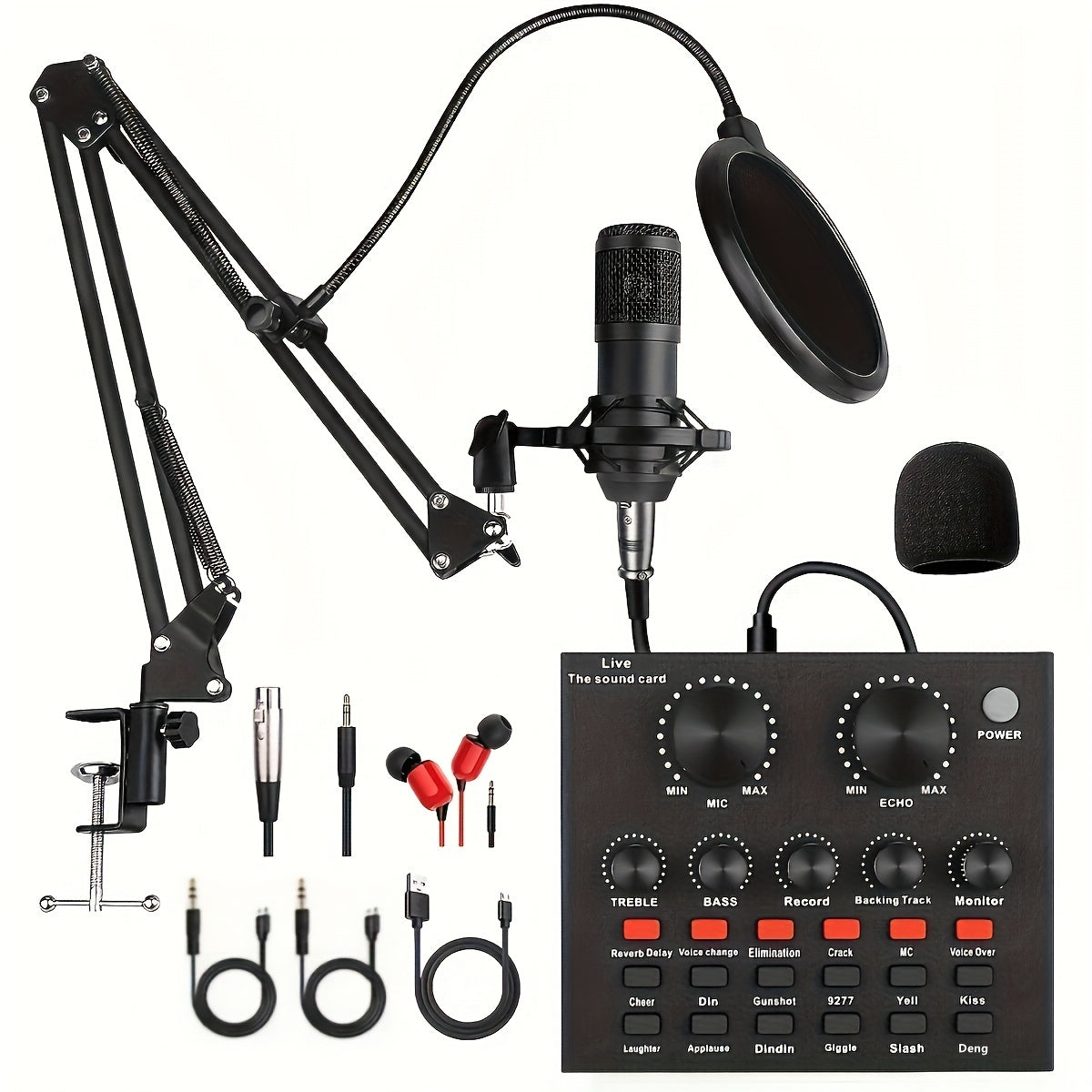 Podcast Equipment Kit with BM800 Microphone and V8 Sound Card, ideal for recording, singing, streaming, and gaming.