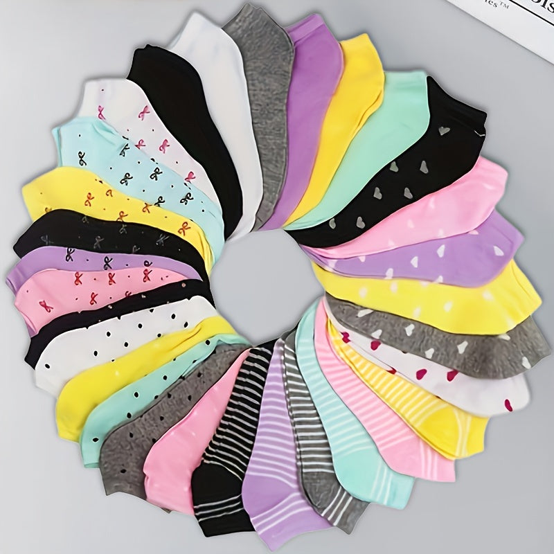 20 pairs of comfortable, soft low-cut women's socks with heart, bow, and stripe print in rainbow colors for all seasons.