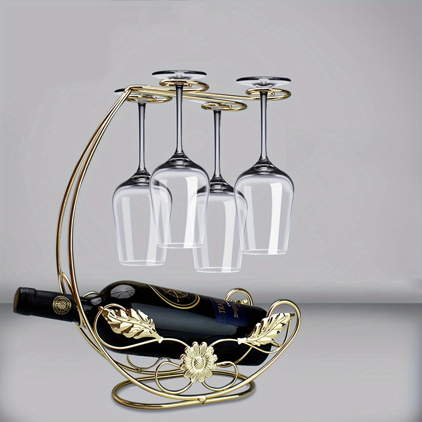 Modern Iron Wine Glass Rack - Vertical Metal Stand for Bottles, Goblets, and Glasses, Elegant Tabletop Display, Holds 1 Bottle & 4 Glasses, No Tools Needed