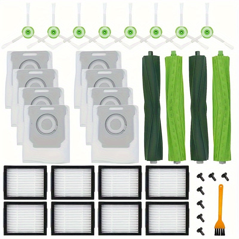 26 sets of replacement parts for LRobot E/i/j Series, including E5, E6, E7, I2, I3, I4, I4+, I6, I6+, I7, I7+, and I8. Each set includes 2 multi-sided adhesive roller brushes, 8 filters, 8 side brushes, and 8 vacuum bags.