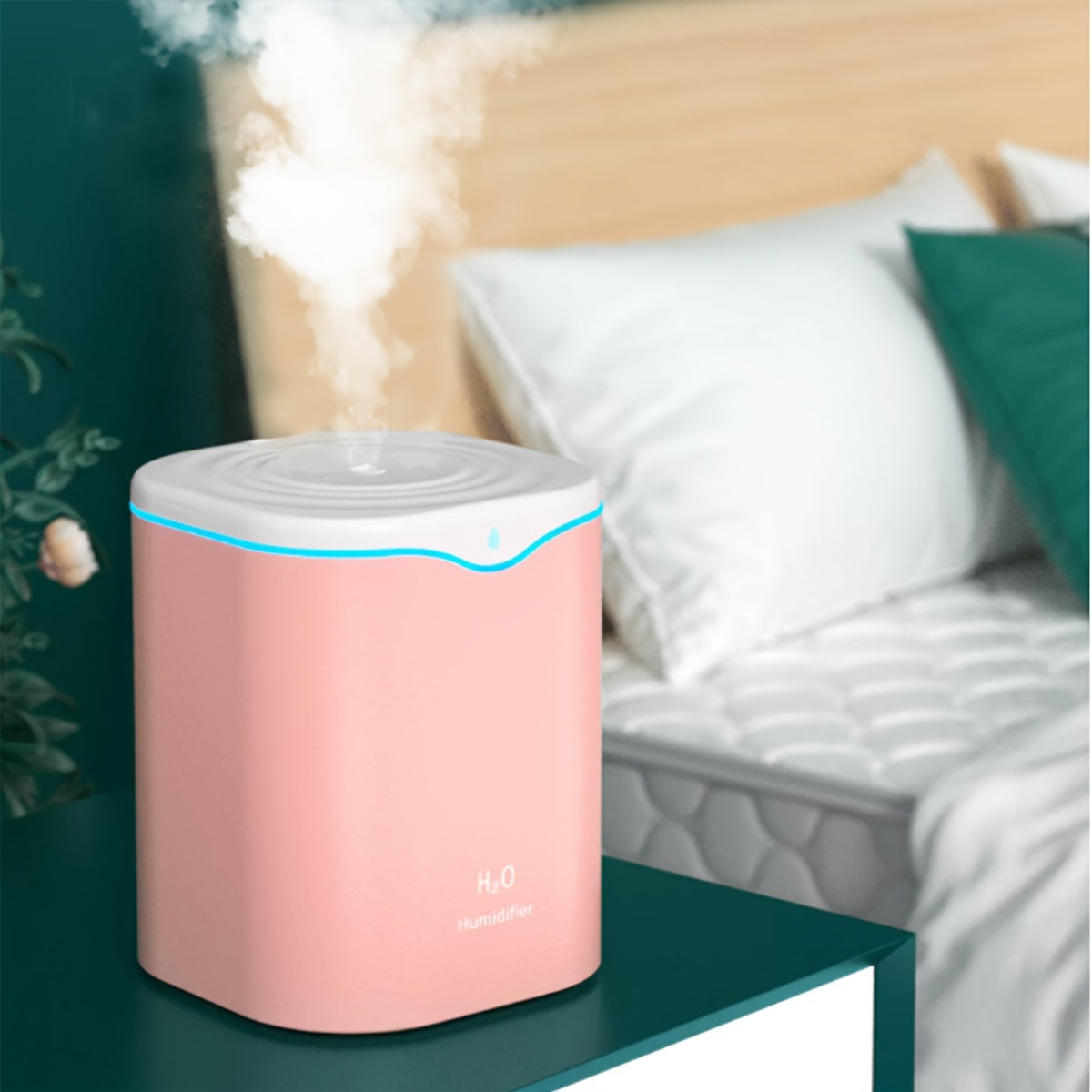 2000ml USB air purifier humidifier with single nozzle, cool mist, colorful night light, ideal for all rooms.