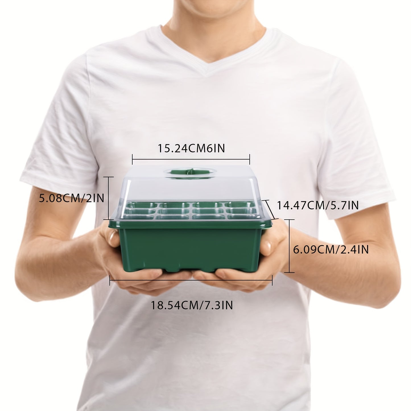 Seed starter trays with elevated lids, 60-cell design, adjustable humidity vent, clear tray for greenhouse/garden use - green.