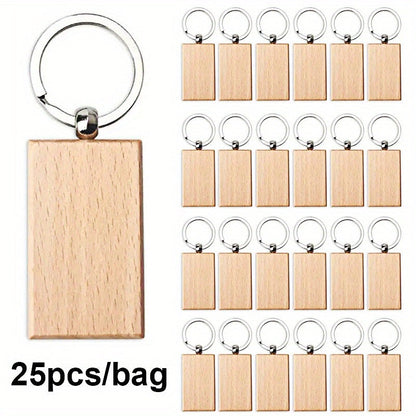 Wooden keychains are available in packs of 25, each bag containing a mix of round, rectangle, and heart-shaped blanks that are perfect for laser engraving.