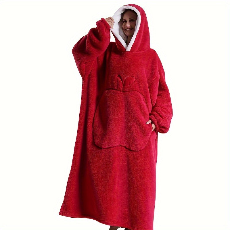 Stay warm and comfortable this winter in our oversized Cozy Velvet Hooded Lounge Robe. Available in red, purple, blue, brown, and black with convenient pockets, this hand-washable robe is made of soft polyester fabric perfect for indoor and outdoor use.