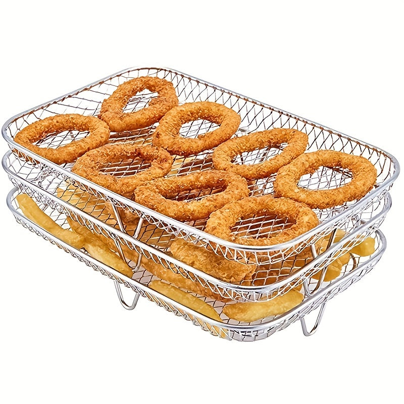 One set of air fryer accessories includes a three-layer square grill rack, steam rack, stainless steel stackable rack, dehydration rack, barbecue basket, barbecue rack, drainage basket, filter rack, food frying basket, and oil brush.